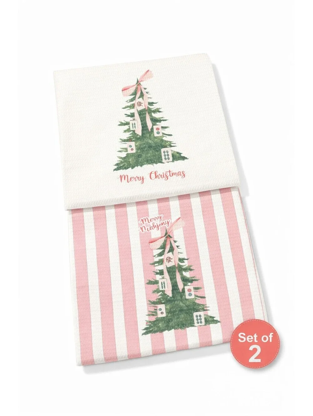 Set of 2 Cotton Kitchen Towels Christmas Mahjong Theme Pink White Striped Green